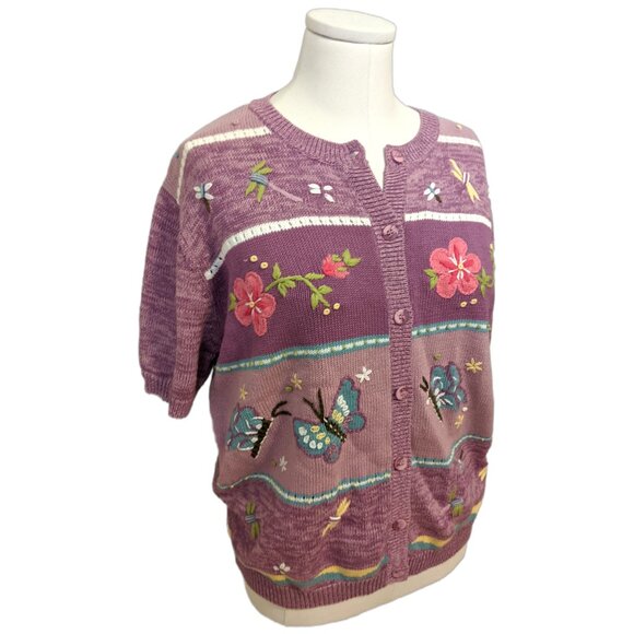 Vintage 90s Tabi Purple Cardigan Embroidered Butterfly Flower Grandmacore Knit M - Picture 3 of 10